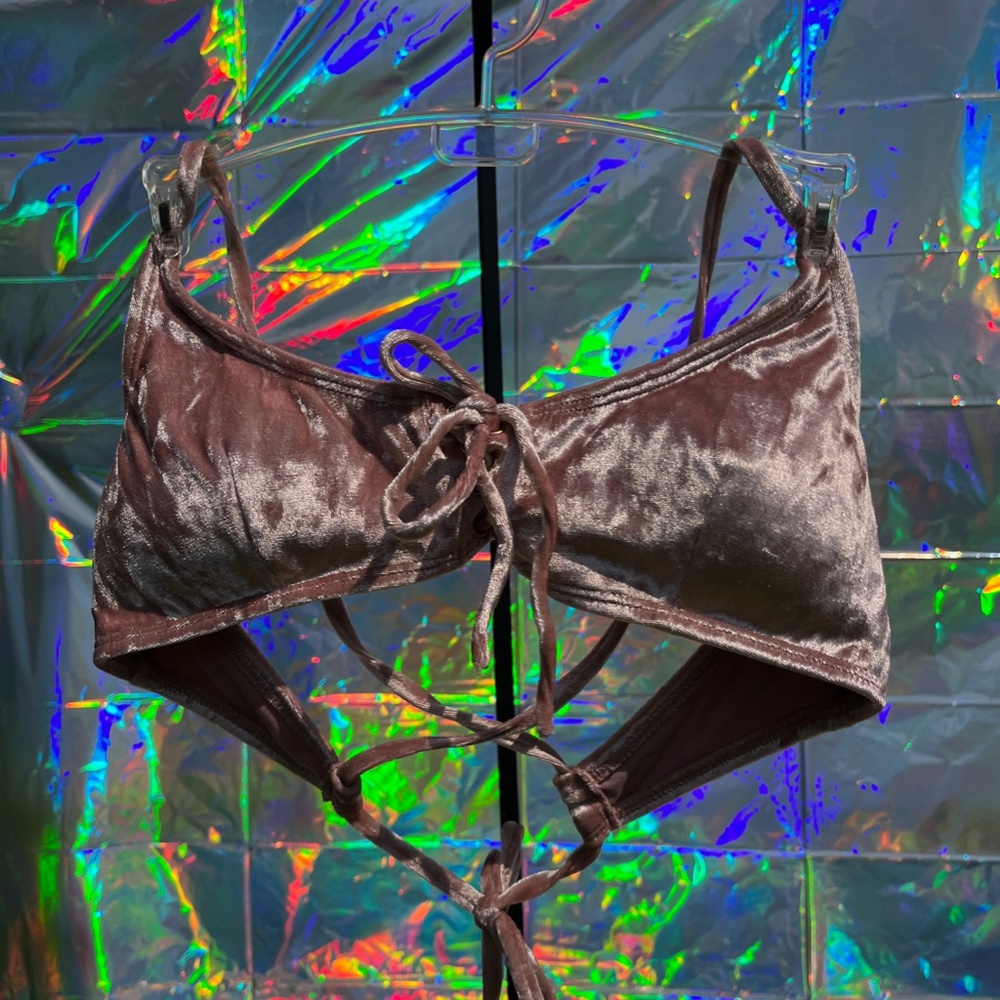 Ships free crush velvet criss cross lace up bikini top BLUSH LARGE